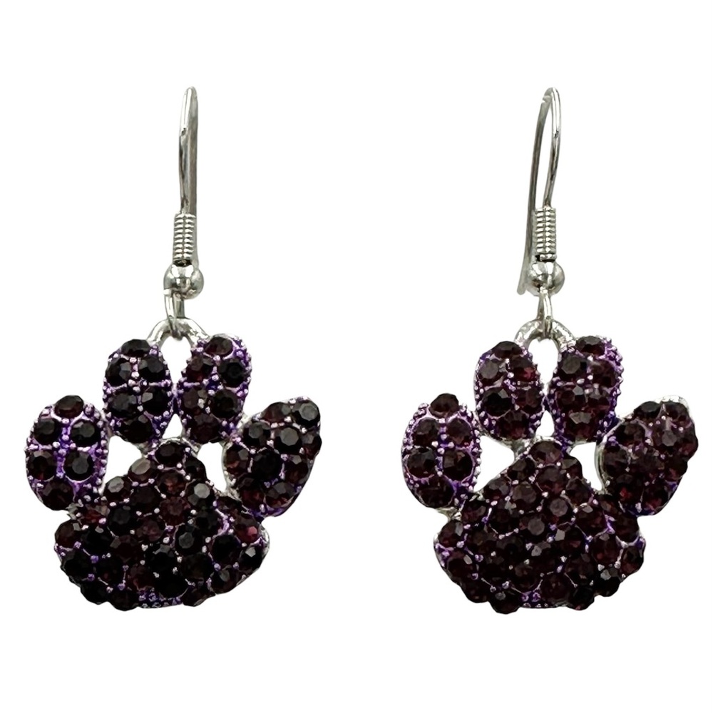 Purple Rhinestone Paw Print Dangle Earrings